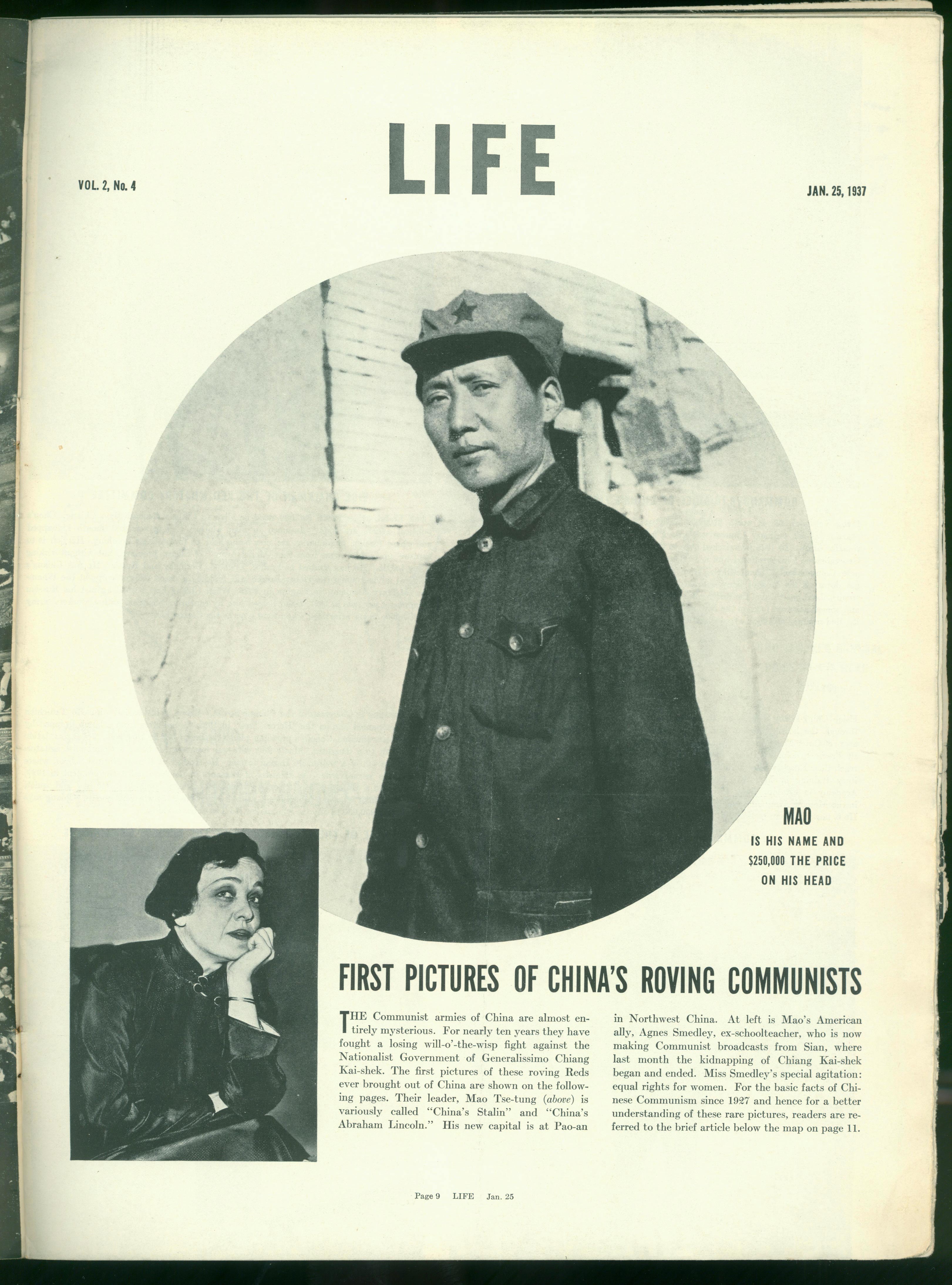 1937年1月25日，美國(guó)《生活》周刊刊登毛澤東照片，照片右下方寫(xiě)著一行字：“毛，這是他的名字，他的人頭價(jià)值25萬(wàn)元。”